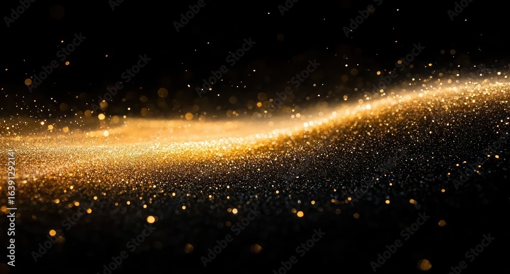 Poster golden sparkling particles flowing in a wave pattern glowing against a dark background creating a ma