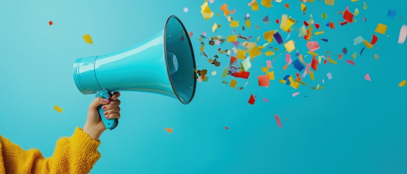 A hand holds a loudspeaker from which multicolored paper confetti flies out against a blue background.
