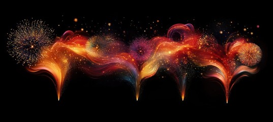 Colorful fireworks bursting with vibrant orange, red, yellow, and purple trails creating dynamic flowing light effects on a black background