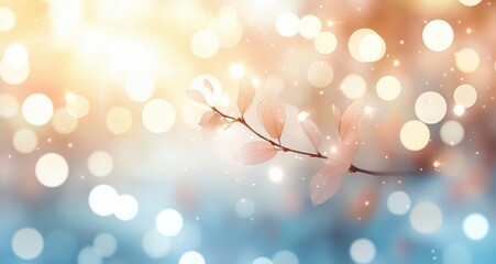 Delicate branch with soft pink leaves surrounded by glowing bokeh lights in warm and cool tones creating a dreamy and serene atmosphere