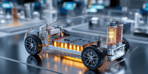 Transparent electric vehicle model showcases its advanced battery technology and innovative design, highlighting future of sustainable transportation in modern laboratory setting