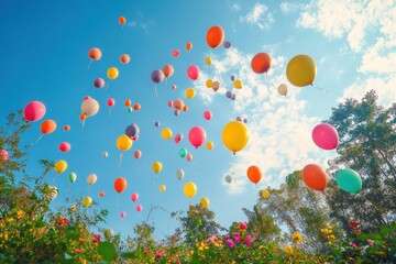 Colorful balloons floating upwards into a bright blue sky over green trees and blooming flowers, evoking a joyful and celebratory mood
