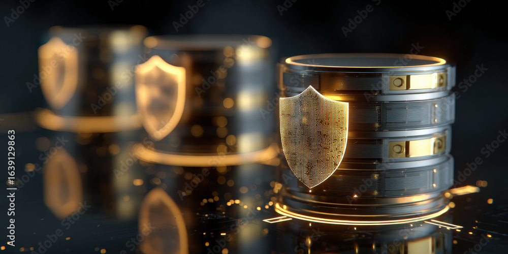 Poster series of glowing digital data servers with holographic shields symbolize advanced cybersecurity and
