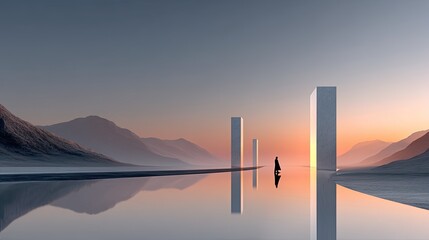 Solitary Figure Contemplating Obelisks at Sunset in a Tranquil Desert Landscape