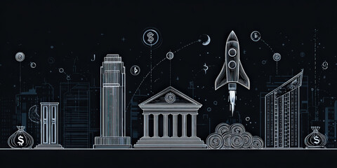 Futuristic cityscape illustration features rocket launching amidst various financial symbols, representing innovation fintech and digital banking. scene conveys sense of progress and venture