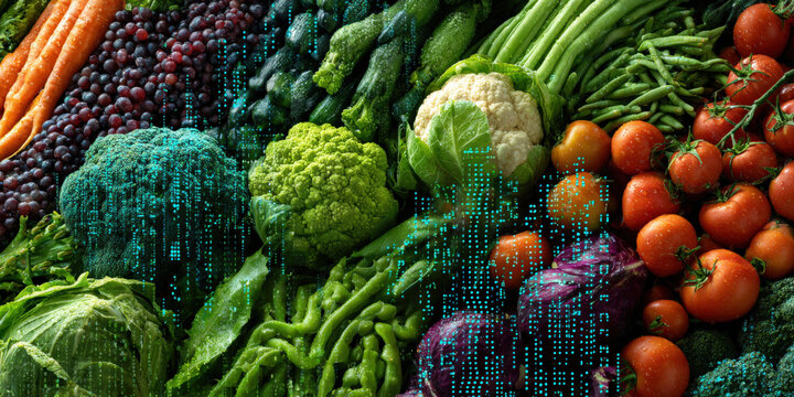 Vibrant assortment of fresh vegetables and fruits, including carrots, broccoli, tomatoes, and berries, is overlaid with digital data patterns, symbolizing intersection of agriculture