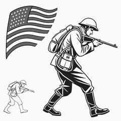 American soldier in uniform aiming rifle with us flag in the background black and white illustration