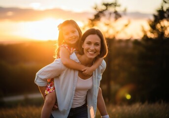 Mother piggybacking smiling daughter at sunset