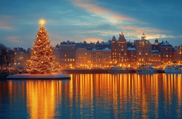 Beautifully lit large Christmas tree glowing with golden lights on a calm waterfront at dusk, reflecting colorful city lights and tranquil water, under a dramatic cloudy sky