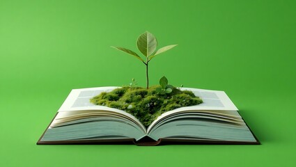 A sprout growing from a book with green moss on the pages against a solid green colored background