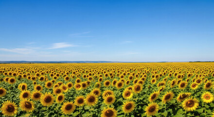 Obraz premium sunflower field under clear blue sky, vibrant yellow flowers in full bloom, summer landscape