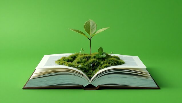 A sprout growing from a book with green moss on the pages against a solid green colored background