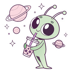 Cute cartoon alien with big eyes drinking bubble tea in outer space surrounded by planets and stars