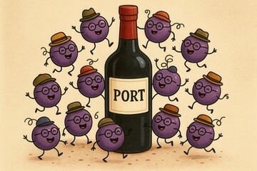 A jovial gathering of grape characters around a bottle of Port wine, celebrating the joy of this delightful beverage
