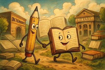 A Pencil and Book Companion in a Library Adventure