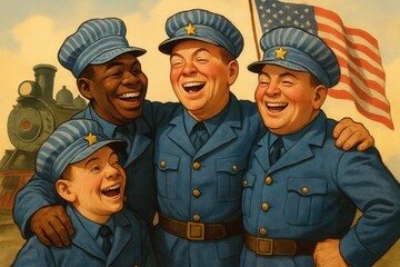 A Vintage Illustration of American Railway Heroes Celebrating with a Flag