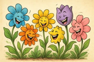 A Cheerful Garden Scene with Happy Flowers