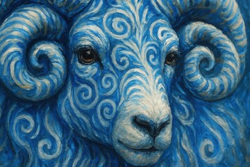 A Blue Ramshead with Swirling Horns