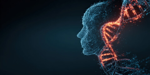 Digital representation of human profile is intertwined with glowing DNA strand, symbolizing intersection of technology and genetics. image conveys innovation and scientific advancement
