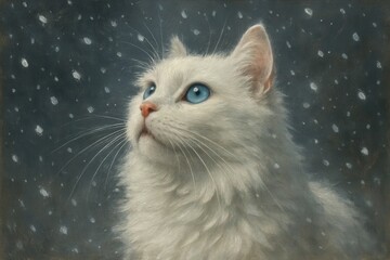 A White Cat's Gaze Upon the Snowy Sky
