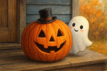 A whimsical Halloween scene featuring a jack-o'-lantern with a cheerful ghost companion