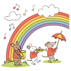 Cute cartoon mice playing music and holding an umbrella under a colorful rainbow against a black background