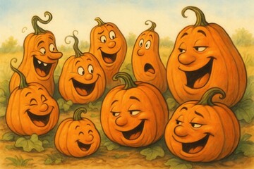 A jovial assembly of pumpkins in a field, each with its own unique expression, radiates warmth and cheer