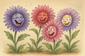 A Cheerful Cartoon of Happy Flowers This caption encapsulates the vibrant colors, cheerful expressions, and lively demeanor of the flowers, suggesting a theme of happiness and positivity