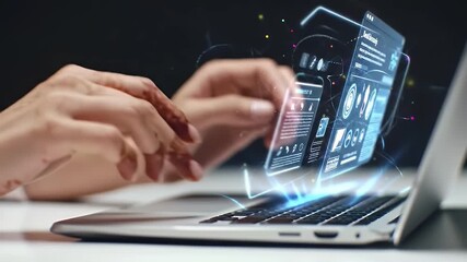 Hands Typing on Laptop with Holographic Data Display Against Dark Background for Business Analytics and Modern Technology Solutions - Powered by Adobe