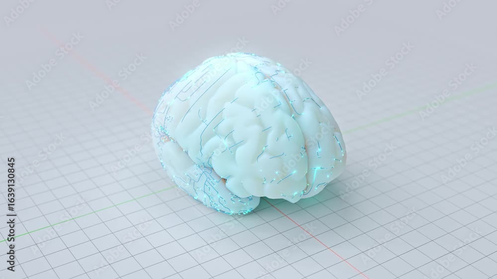Poster brain working that shows creative work. blue reticular lines of light pass-through brain. use multip