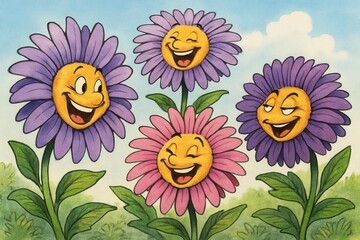 A whimsical scene of cheerful daisies with smiling faces basking in the sunshine