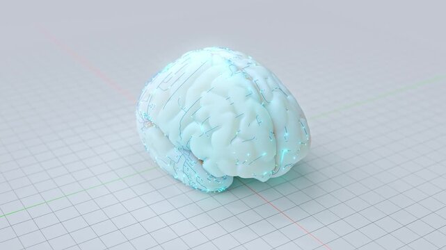 Brain working that shows creative work. Blue reticular lines of light pass-through brain. Use multiple pastel colors for interest. Minimal idea concept. Animation seamless loop. 3D Render.