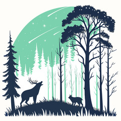 Majestic stag calls out under a sky filled with shooting stars and silhouetted pine trees