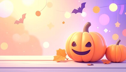 Happy Halloween banner or party invitation background with clouds, bats and pumpkins in paper cut style. Vector illustration. Full moon in orange sky, spiders web and witch cauldron. Place for text. 