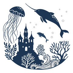 Mystical underwater scene with narwhal jellyfish dolphin castle and coral reef ©  AMINA 1122