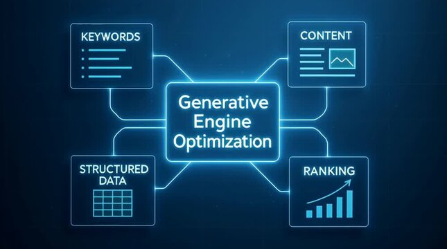 Generative engine optimization GEO diagram showing keywords, content, structured data and ranking concept of  digital marketing, search visibility and online growth