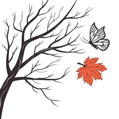 Stylized illustration of a bare tree branch with a single orange maple leaf and a butterfly