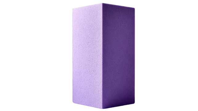 Upright purple rectangular foam block with a porous grainy texture and sharp edges.