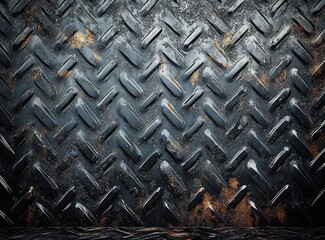 Close-up of rusty black metal diamond plate with textured tread pattern and worn paint showing signs of age and industrial use