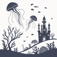 Fototapeta premium Whimsical underwater scene with two jellyfish swimming near a silhouette of a fairytale castle and coral reefs
