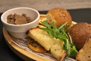 Liver pate and bread platter in Valletta, Malta