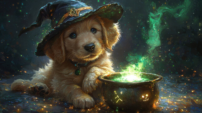 Cute puppy wearing witch hat sits beside glowing cauldron with green magical smoke - Powered by Adobe