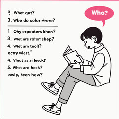 Young person sitting and reading a book with a question about who is asking in a speech bubble
