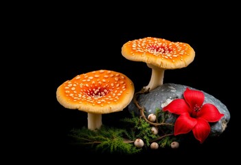 Obraz premium Ganoderma, cordyceps, moss, red flower, black background, herbal product, stone, advertising photography, ganoderma, ingredient