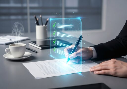 Person signing document with digital checklist overlay