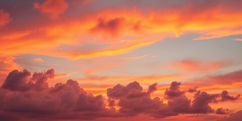 Fototapeta premium Vibrant spring sunset, soft feathery clouds paint the sky in fiery hues, landscape, orange