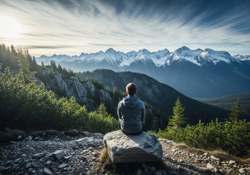 Person sitting on a rock overlooking snowcapped mountains at sunrise