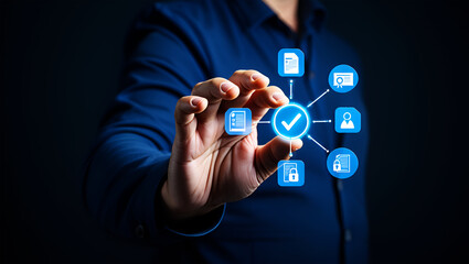 Person touching digital network of documents and security icons hand