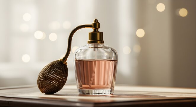 Clear perfume bottle with gold atomizer sits on table. Uses soft light for product photography.
