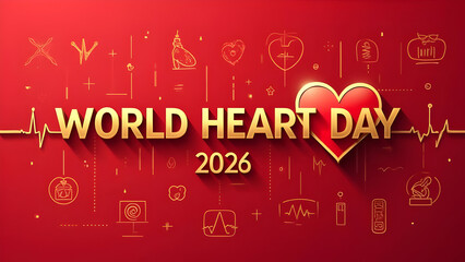 Red Background Gold World Heart Day 2026 Graphic Design with Red Heart and E K G Line Gold Medical Icons